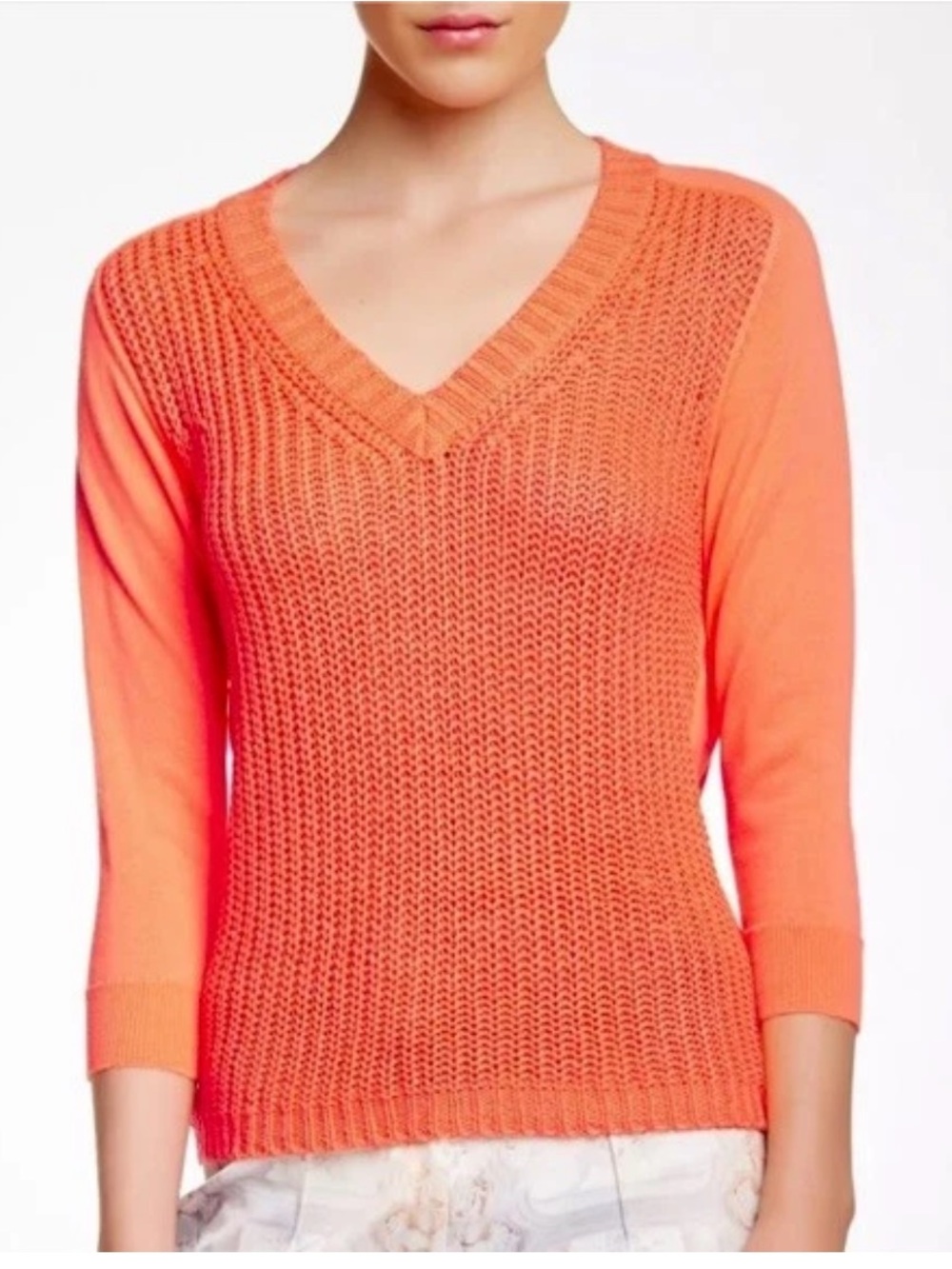 Ted Baker Lills Neon Orange Mixed Media Knit V-Neck 3/4 Sleeve Sweater Size 2